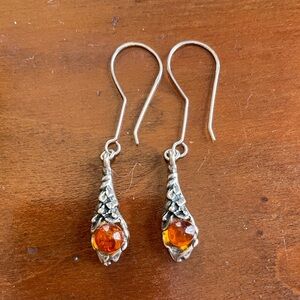 Sterling Silver Amber Teardrop Earrings - Warm Orange Amber